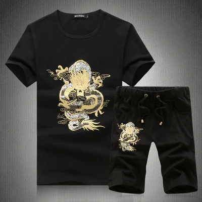 Black Yellow Dragon Новые модные летние шорты комплекты Для мужчин s Повседневное дракон вышивка костюмы для Для мужчин китайский Стиль хлопковый костюм футболка+ шорты 5XL - Цвет: Black Yellow Dragon