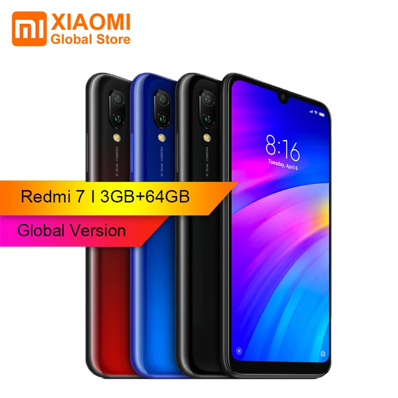 Глобальная версия Xiaomi Redmi 7 3 ГБ ОЗУ 64 Гб ПЗУ Snapdragon 6 26 дюймов Двойная Задняя камера