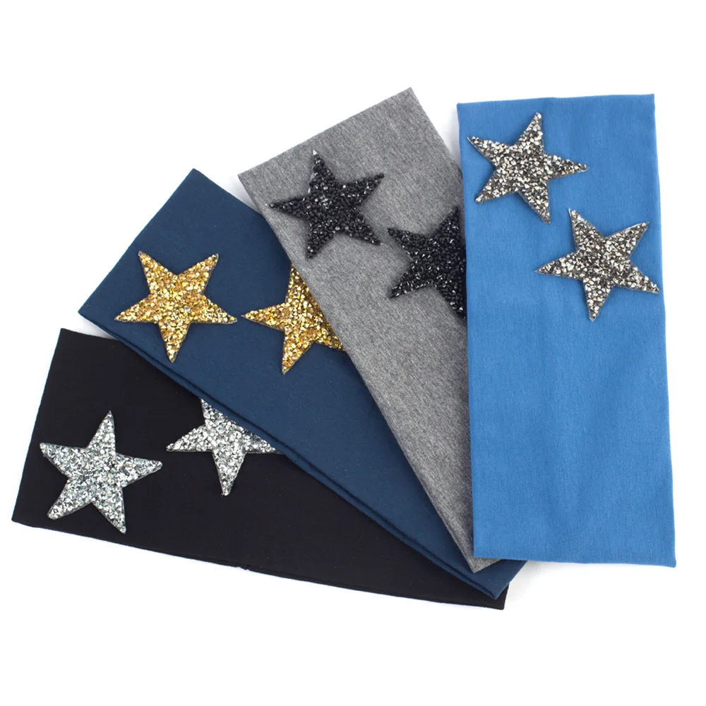 

Geebro Women's Star Headbands Fashion Cotton Plain Elastic Flat Stretch Headband Rhinestones For Girls Hair Band Turban Wrap