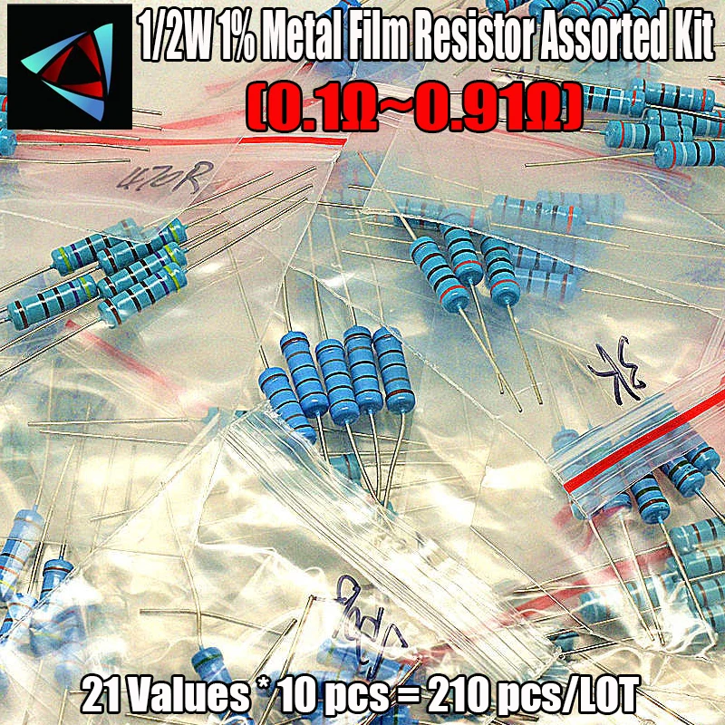 

210pcs 21 Values 1/2W 1% 0.1-0.91 Ohm Metal Film Resistor Assorted Kit pack