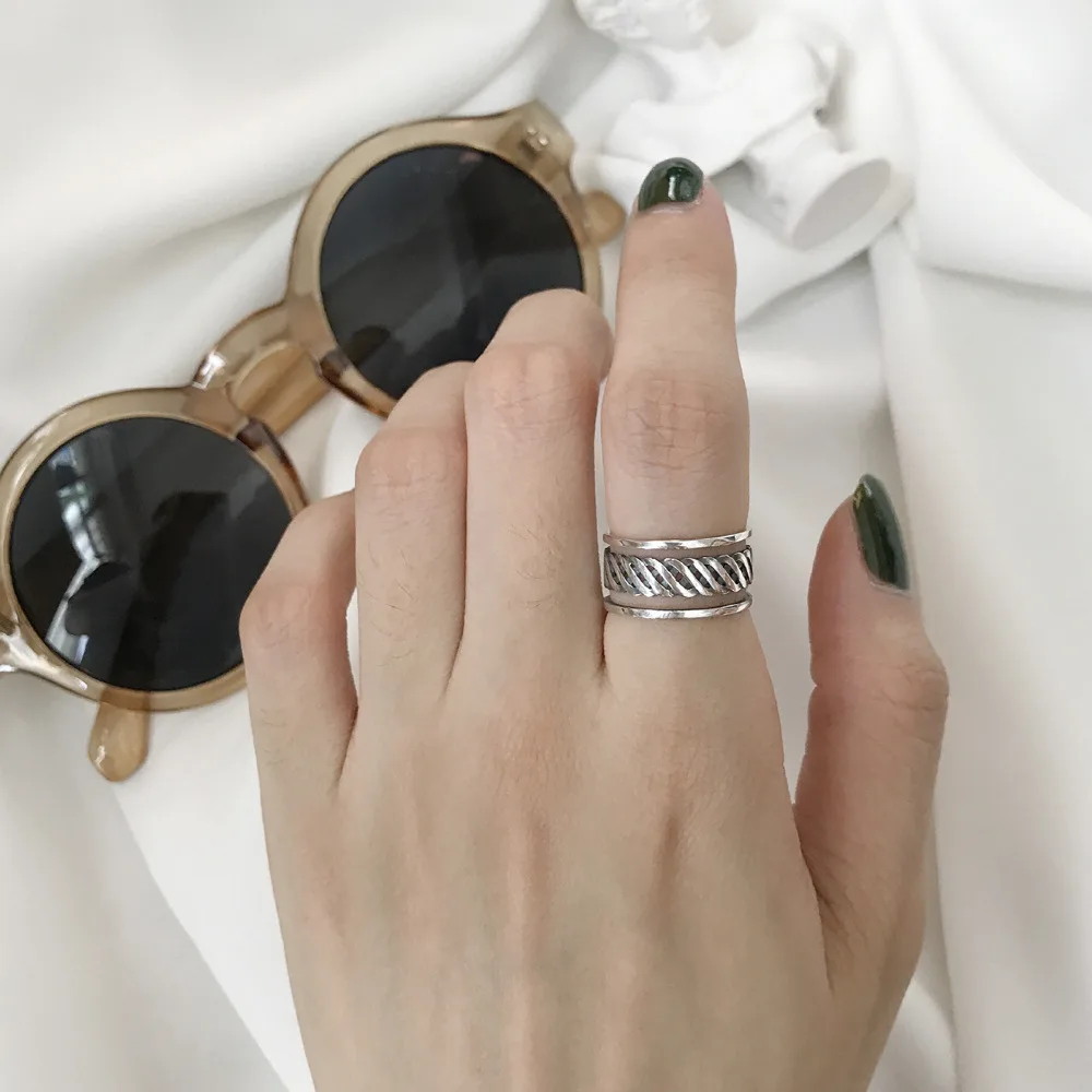 S925 sterling silver ring retro double line knotted opening adjustable trend personality men women girl hand jewelry | Украшения и