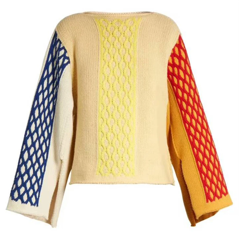 2020 New Autumn Winter Women Sweater Fashion Color Patchwork Twist Knitted Pullover Coat Runway | Женская одежда