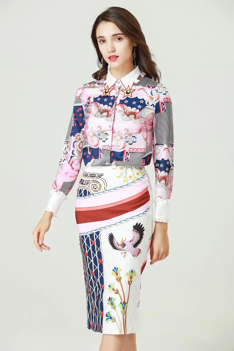 High quality new designer Fashion Two Pieces Set Women's Long Sleeve Embroidery Shirt and Printed Skirt Casual Shirt Sets Suits