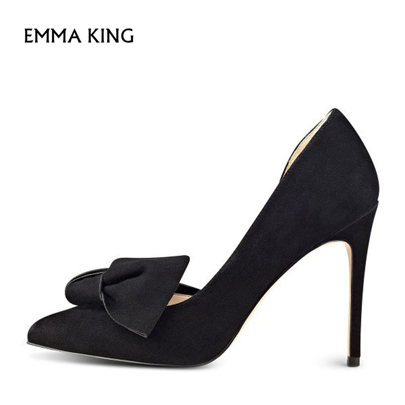 Emma king/Новые весенние элегантные замшевые туфли лодочки на шпильках с бантом