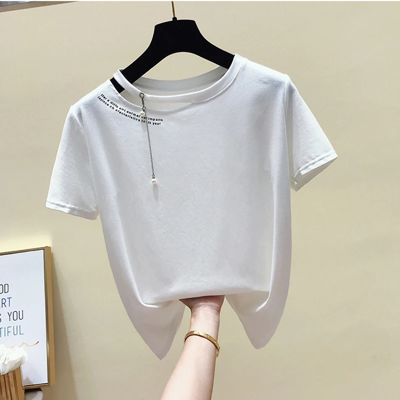 Camisetas Mujer Verano, Забавные футболки с жемчужинами, женские хлопковые футболки с коротким рукавом, женские топы, белая футболка, женская футболка