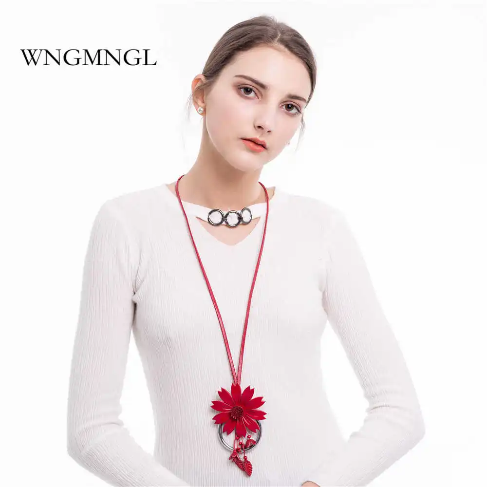 WNGMNGL 2018 New 6 Colors Charm Leather Flower Pendant Necklace Handmade Vintage Long Chain for Women Fashion Jewelry | Украшения и