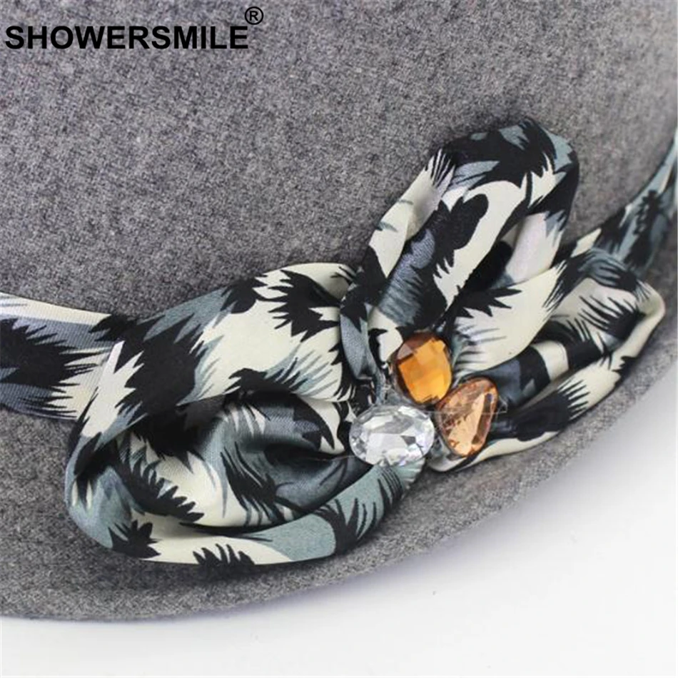 SHOWERSMILE серая женская шляпа-федора, Классическая шерстяная шляпа с бантом, фетровая винтажная Осенняя зимняя твидовая британская джазовая шляпа, элегантные модные кепки