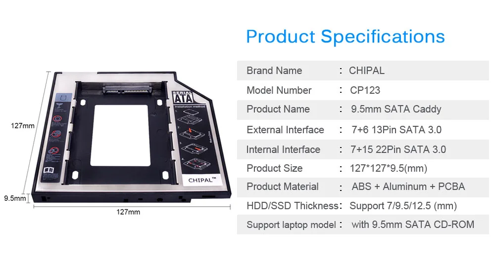 CHIPAL Универсальный 2nd HDD Caddy 9,5 мм SATA 3,0 для 2," SSD корпус жесткого диска корпус с светодиодный для ноутбука CD корпус для ноутбука DVD ROM optibay