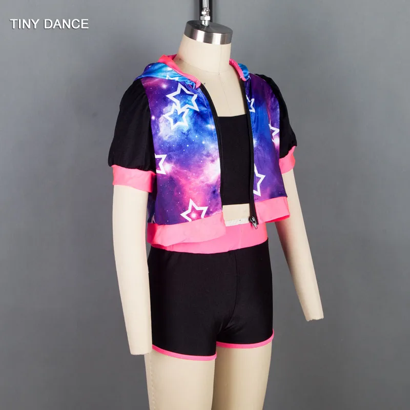 3 in 1 Child and Adult Jazz &amp Tap Dance Costume Set including Short Sleeve Hooded Jacket Black Spandex Bra Top Shorts 18318 |