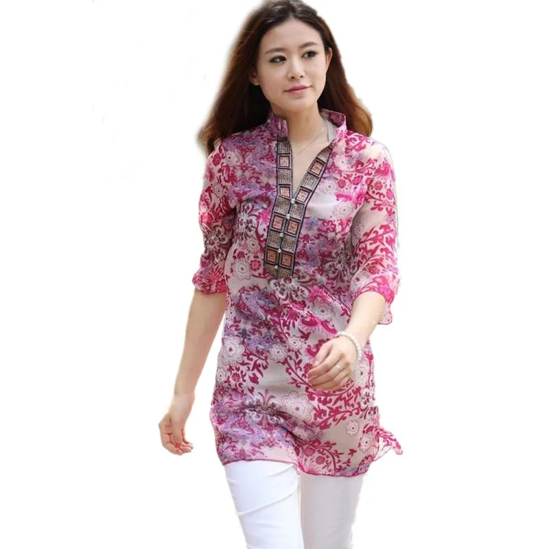 Женская шифоновая блузка с полурукавами и цветочной вышивкой размеры до 5XL|women