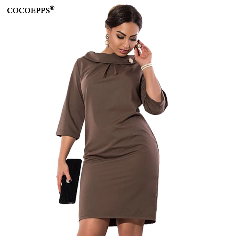 Brown Зима 6XL размера плюс сексуальные платья женское элегантное платье с коротким рукавом большого размера Осенняя Женская офисная одежда Vestidos 5XL - Цвет: Brown