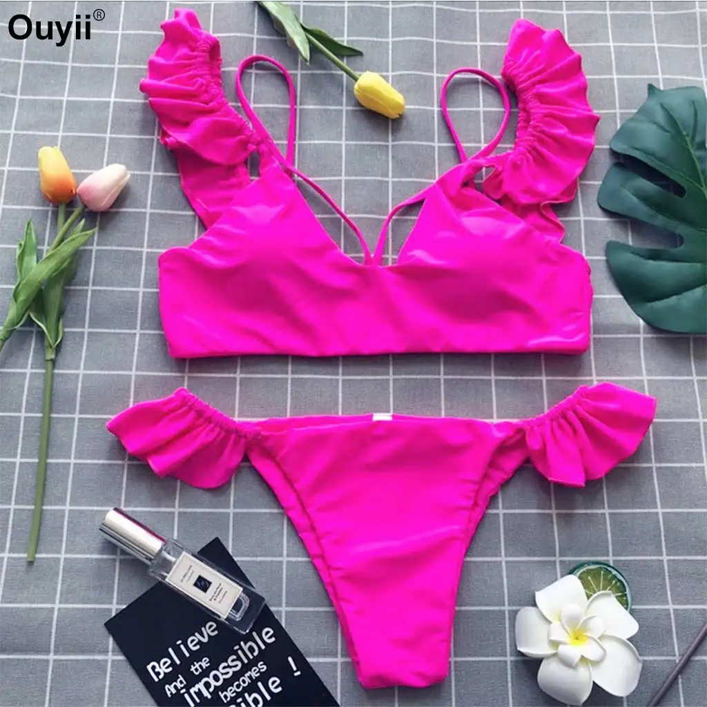 Комплект бикини с рюшами 2018 женский купальник сексуальные стринги треугольный в