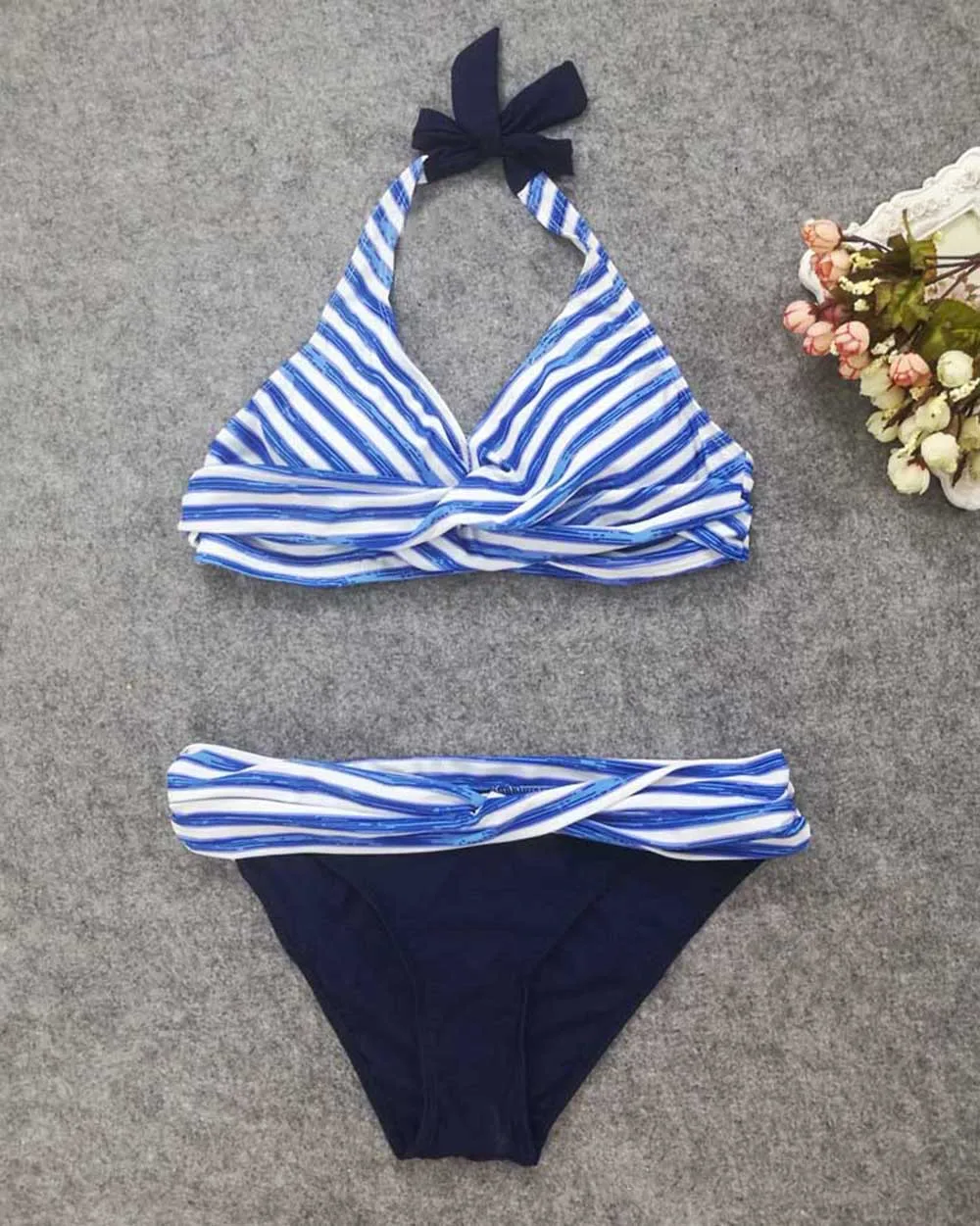 Свежий синий полосатый Женский купальник большого размера сексуальный бикини
