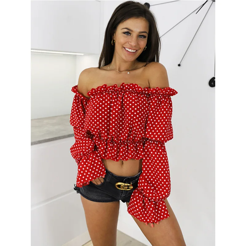 Женский топ с открытыми плечами сексуальный вырезом лодочкой и модный оборками