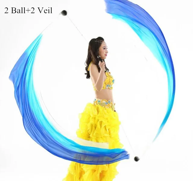 2balls 2 veils Настоящая шелковая вуаль пой стример брошенные шары танцор живота сценический реквизит живота танцевальный костюм аксессуар - Цвет: 2balls 2 veils