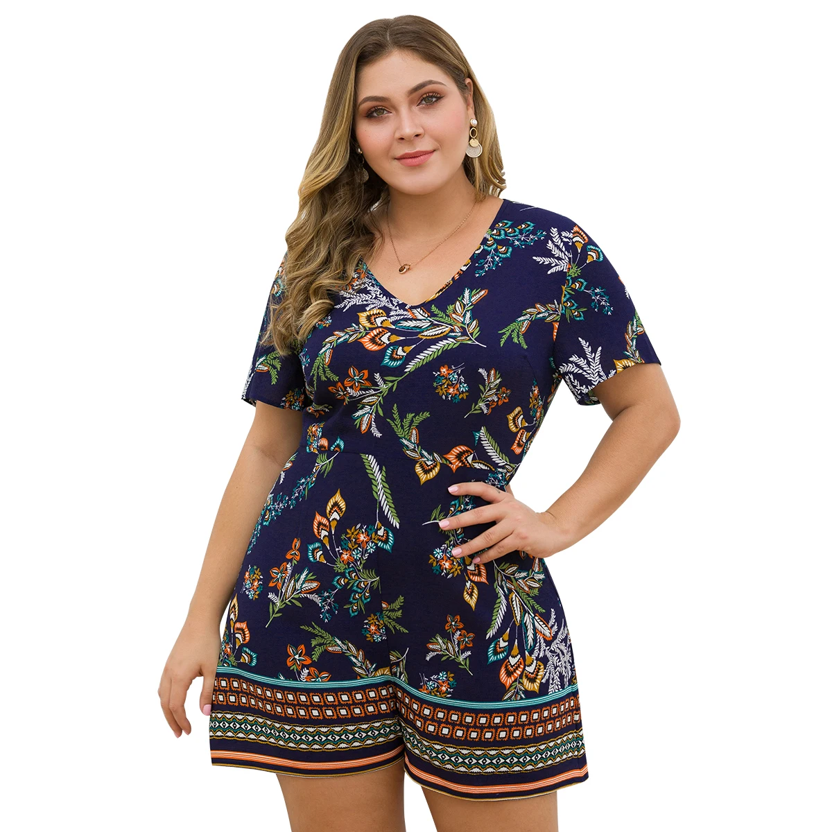 Plus size casaul women playsuit summer short sleeve V neck holiday overalls print high waist loose rompers streetwear 2019 | Женская