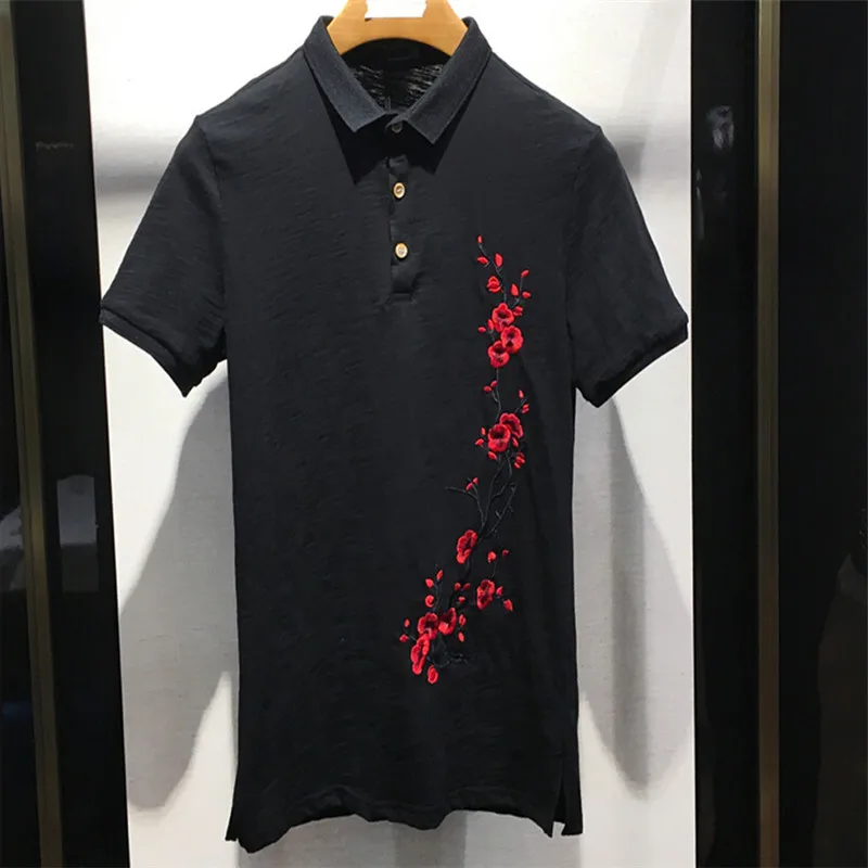 Мужская мода в Японском стиле plum blossom вышивка лацкан отдых с коротким рукавом