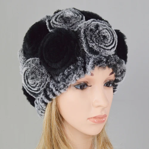 color 5 Новинка, женская шапка Skullies, настоящий мех кролика, зимняя, цветочный мех кролика Рекс, шапочки, шапка для девочек, цветы, шапки из меха кролика рекс - Цвет: color 5