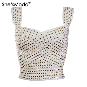 white She'sModa облегающие Женские топы с заклепками, спандекс,, летние укороченные топы, майка для девичника, размера плюс - Цвет: white