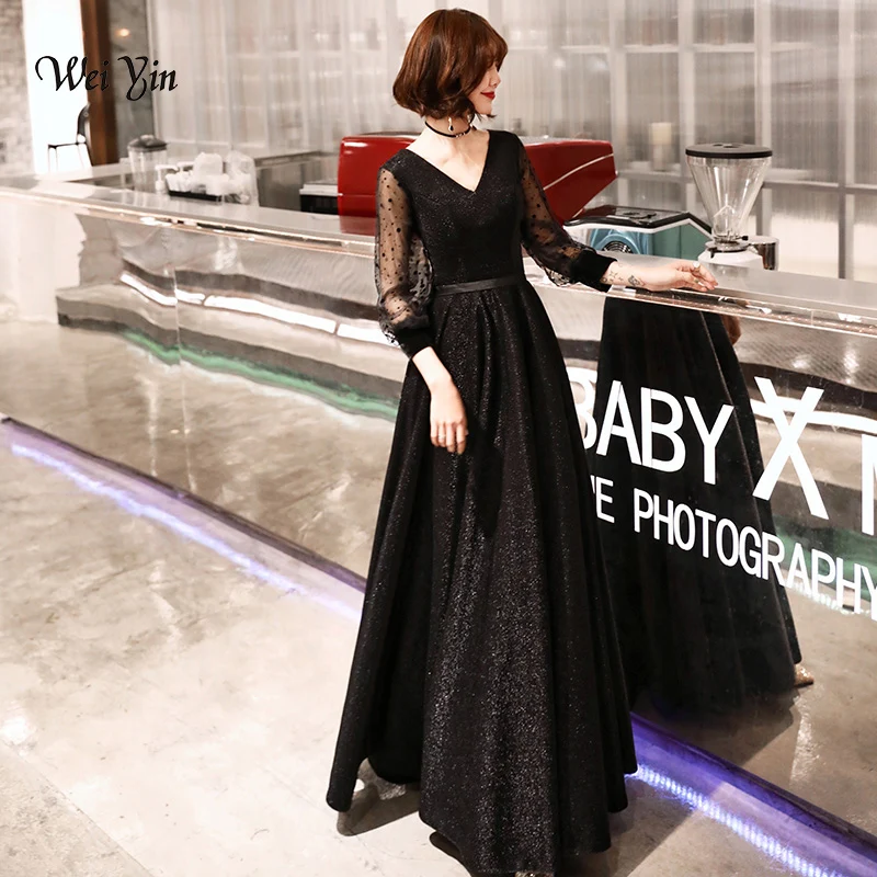 weiyin Robe De Soiree Glitter Shiny Evening Dress Full Sleeves Black Party Floor Length V Neck Formal Long | Свадьбы и торжества