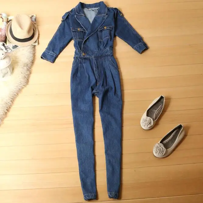 Женский джинсовый комбинезон с длинным рукавом однотонный до щиколотки отложным