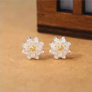 Женские серьги-гвоздики с цветком лотоса, в этническом стиле, из стерлингового серебра 925 пробы, ручная работа, SE777