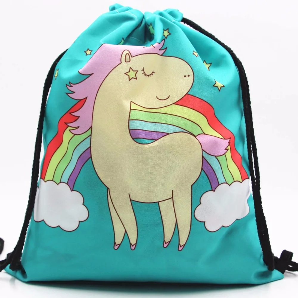 2019 модный шнурок сумка 3D печать единорог Mochila Feminina Drawstring Рюкзак Женский