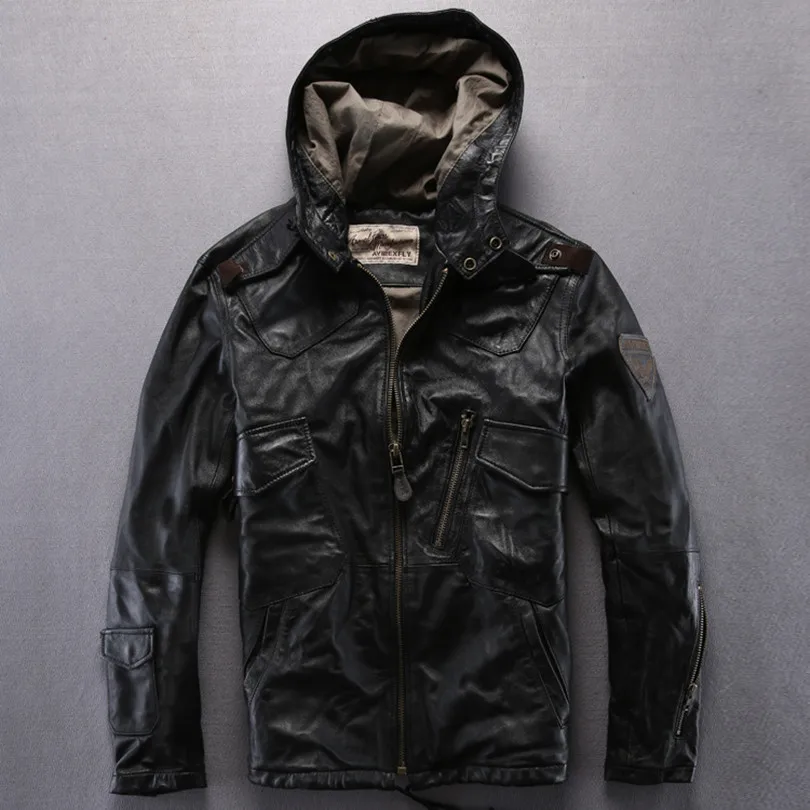 Мужская кожаная куртка Avirex fly черная Повседневная летная с капюшоном из овчины