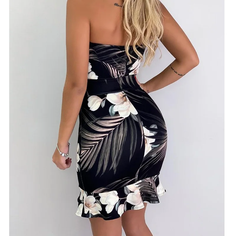 Plunge Neck Deep V Strapless Bodycon Slim Short Sleeveless Dress Sexy Floral Print Ruffles Tube | Женская одежда