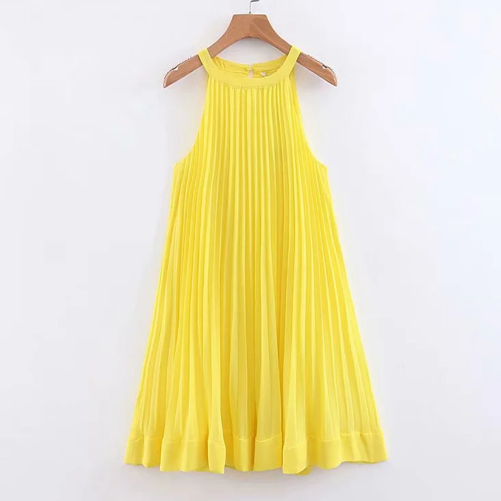 Новинка летнее женское милое желтое плиссированное платье без рукавов femme hem ruffles