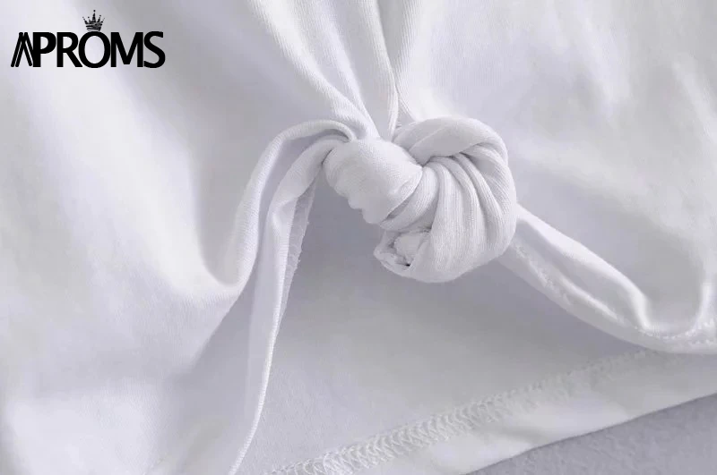 Aproms, белая футболка с коротким рукавом и узлом, женская футболка, мода, высокая талия, базовый короткий топ, 90 s, крутая летняя уличная футболка для девочек