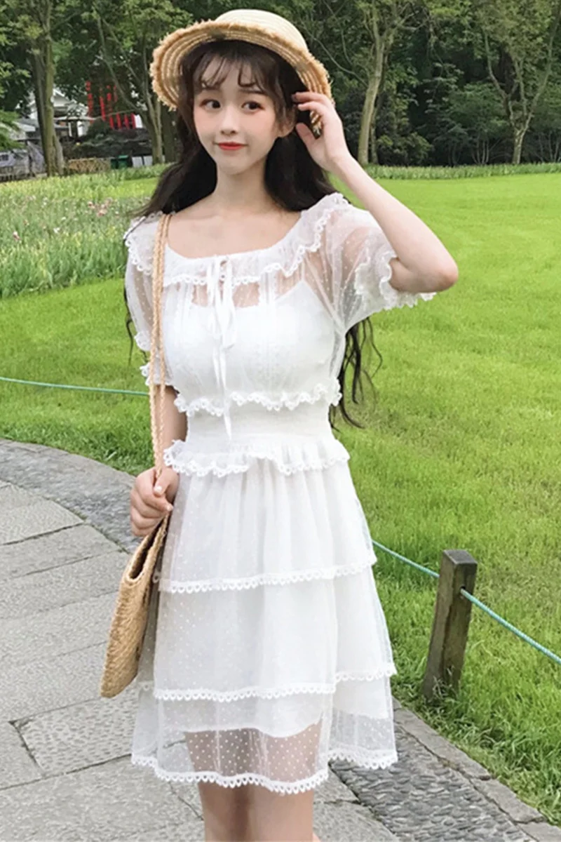 Платье женское кружевное в горошек модное сказочное Повседневное