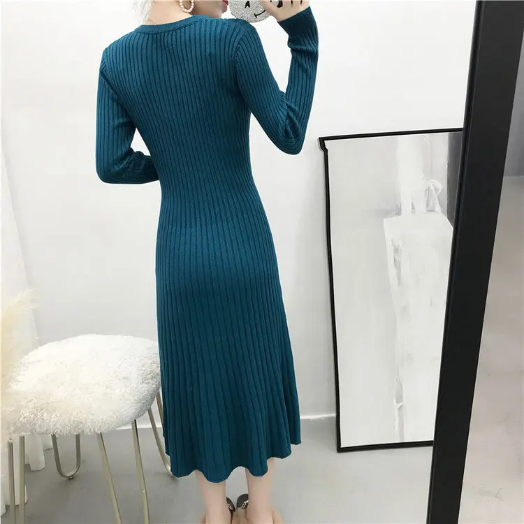 2019 Новое Осеннее женское трикотажное однотонное платье с круглым вырезом тонкий