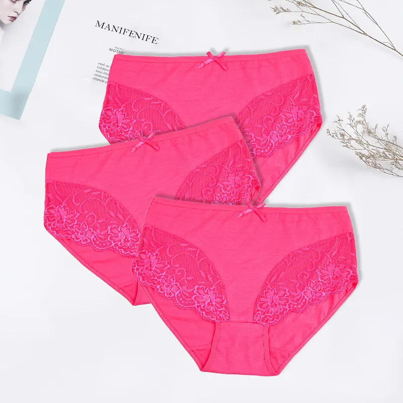 Rose red--3pcs FUNCILAC трусы больших размеров женские хлопковые трусики сексуальные кружевные трусики прозрачное женское нижнее белье интимное белье 3 шт./партия - Цвет: Rose red--3pcs