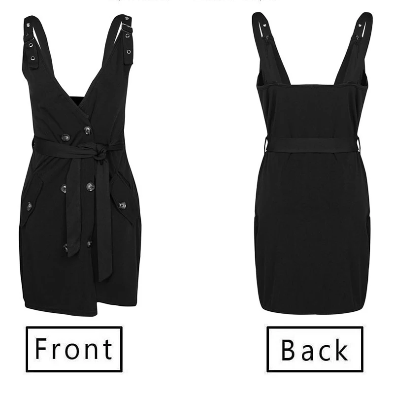 

Office Lady Black Button Dress V Neck Spaghetti Strap Bandage Vestidos Sleeveless Tunic Robe Female Tunic Mini Women Dresses