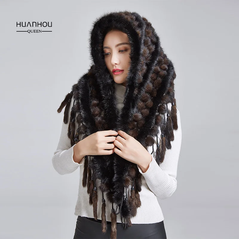 Brown and black Женская шаль, шаль из натурального меха норки и шарф треугольной формы, красивая теплая - Цвет: Brown and black