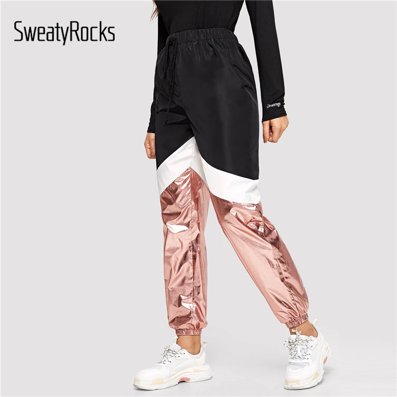 SweatyRocks, цветные, с металлической панелью, спортивные штаны для женщин, эластичная талия, спортивная одежда, штаны,, весенние, для спорта, штаны и брюки