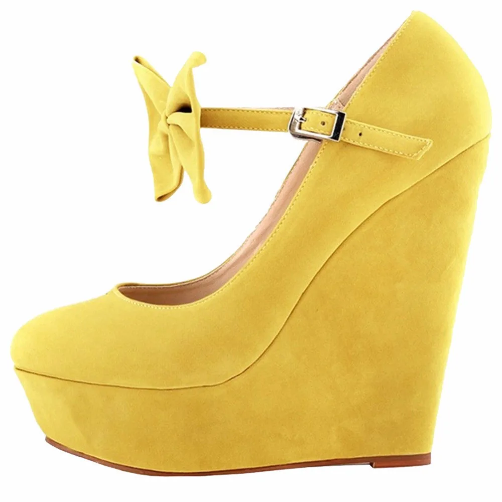 Arden Furtado 2018 wedges high heels 15cm platform yellow green red butterfly knot buckle strap round toe pumps women's shoes | Обувь
