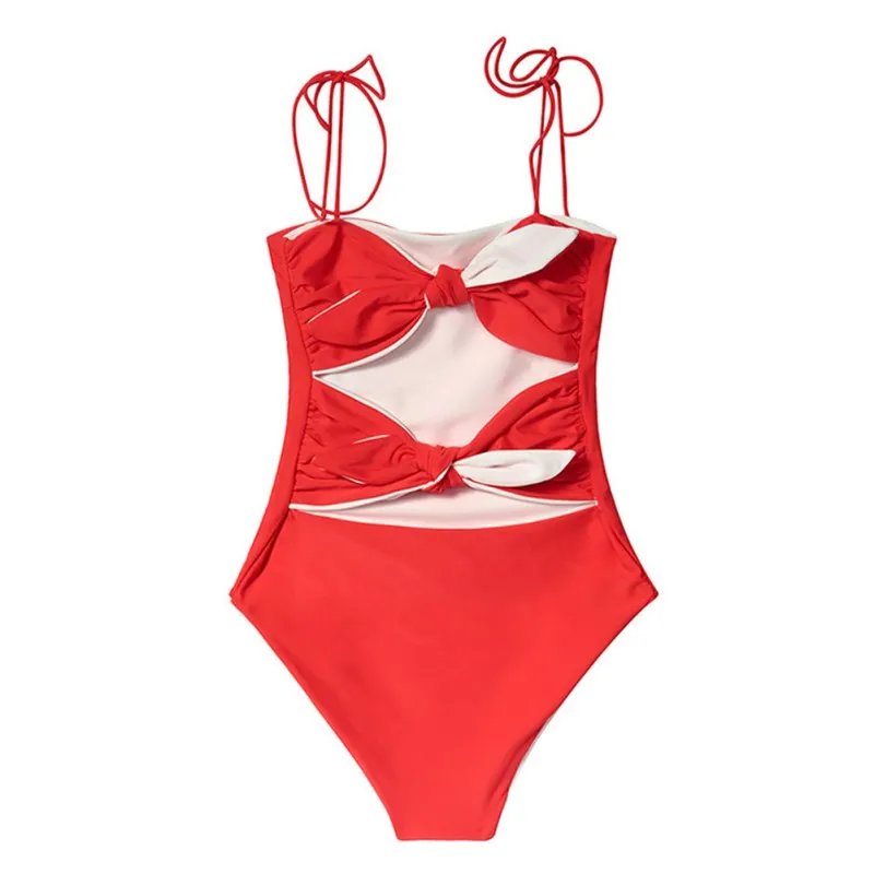 Women Sexy Slim Bow Sling Strap Triangle Bikini Summer Open back Gathered High Waist Double-faced Wear Swimsuit | Спорт и