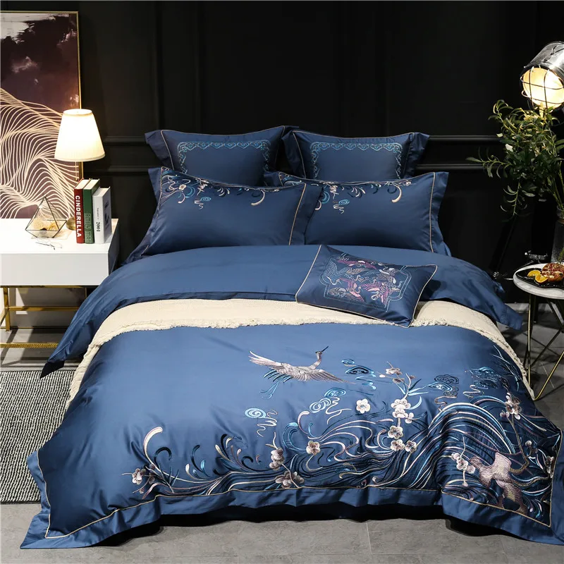 

Oriental Embroidery 100S Egyptian cotton Blue Luxury Bedding set 4/7Pcs King Queen size Duvet cover Bed sheet Set Pillowcases 36