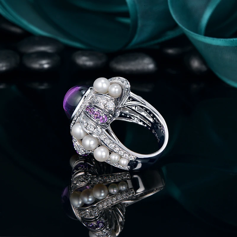 7.25ct натуральный амтист 1.82ct натуральные бриллианты и 0.42ctw аметист жемчуг 14K белое золото обручальное кольцо