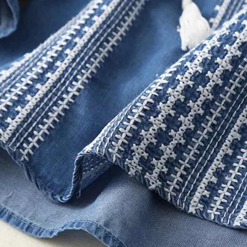 Осень Лето blusas femininas джинсовые рубашки для дам Тяжелая Вышивка Повседневная Блузка женские свободные джинсовые рубашки синий