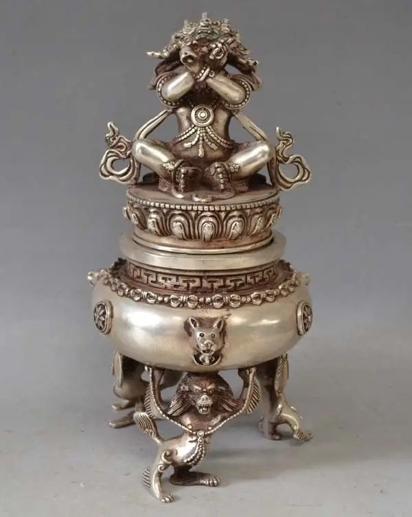 

Tibet Tibetan Silver Mahakala Buddha Incense Burner Censer