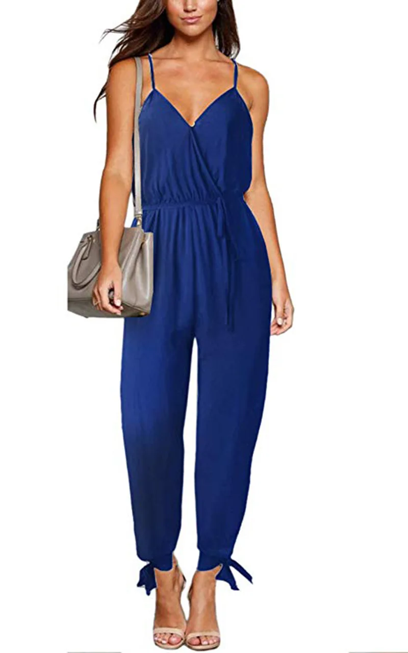 Color Blue Missufe V образным вырезом сексуальные женские комбинезоны с поясом боди Femme Macacao Feminino Цветочный комбинезон с принтом весна лето комбинезон - Цвет: Color Blue