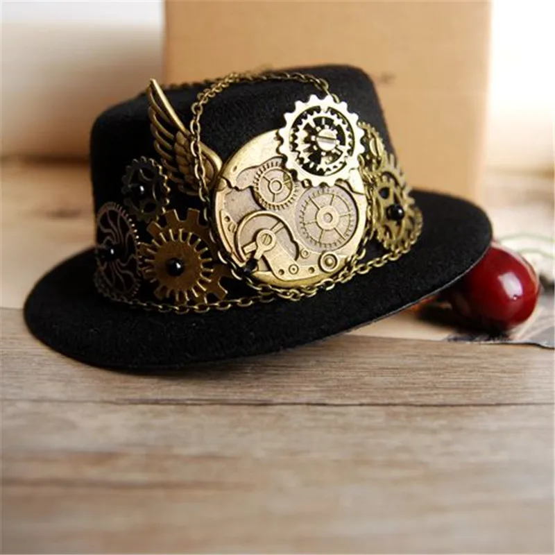 Mini Hat B Стимпанк головной убор миниатюрная шляпа Лолита косплей готический Геер крыло цепь девушка заколка для волос для женщин миниатюрная Шляпа заколка для волос бейсболка с меховым помпоном вечерние шляпы - Цвет: Mini Hat B