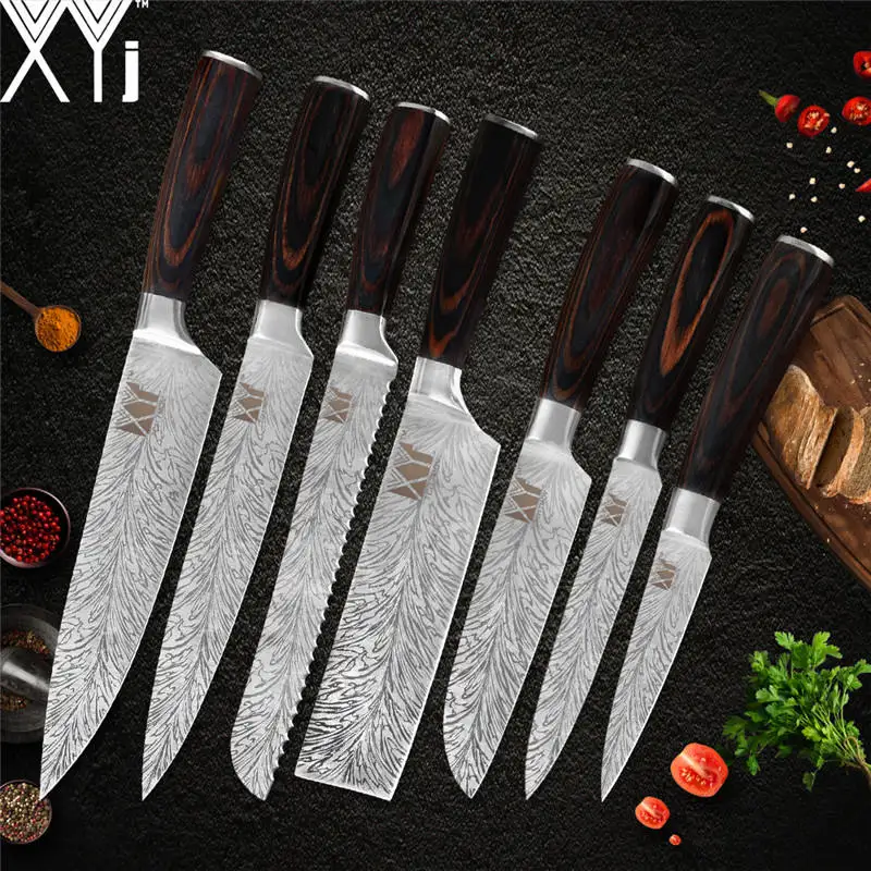 B.7pcs set XYj набор кухонных ножей из нержавеющей стали с цветной деревянной ручкой 7cr17 острое лезвие, поварской нож, аксессуары для кухонных инструментов для отеля - Цвет: B.7pcs set