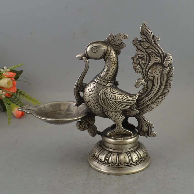 

COLLECTIBLE DECORATED OLD HANDWORK SILVER COPPER PHOENIX BIG CANDLE STICK