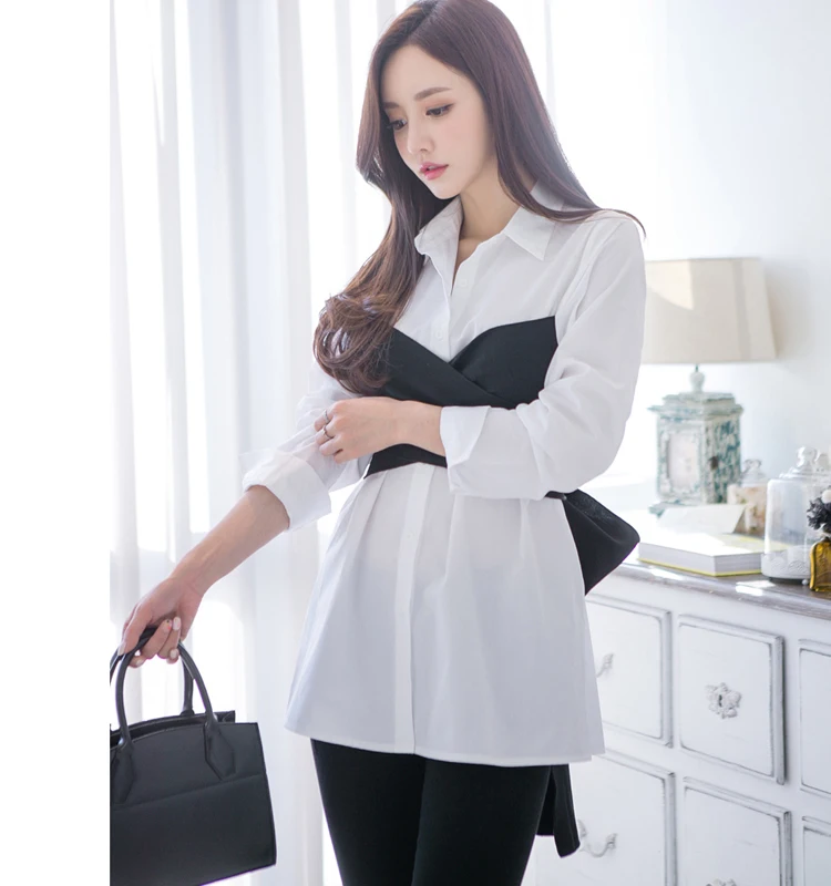 2017 Осенние новые Блузы с бантом имитация двух частей жилет Blusas женские белые