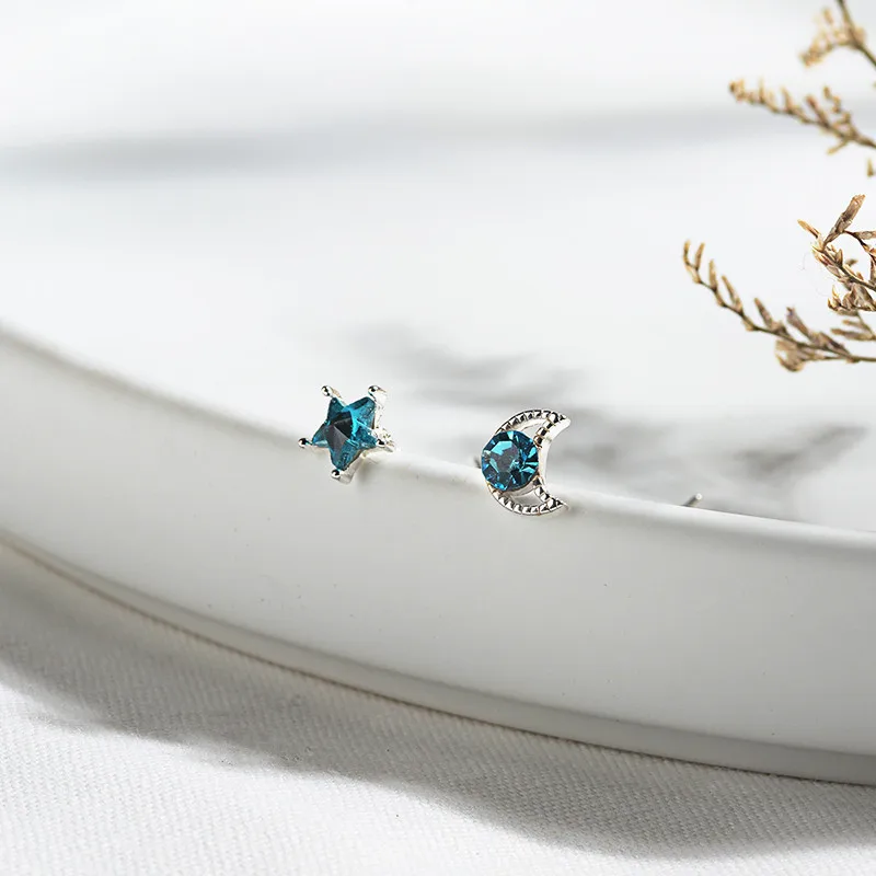 S925 sterling silver blue crystal star moon asymmetrical earrings ladies spiral pentagram ear ornaments jewelry gift 6-ES3141 | Украшения и