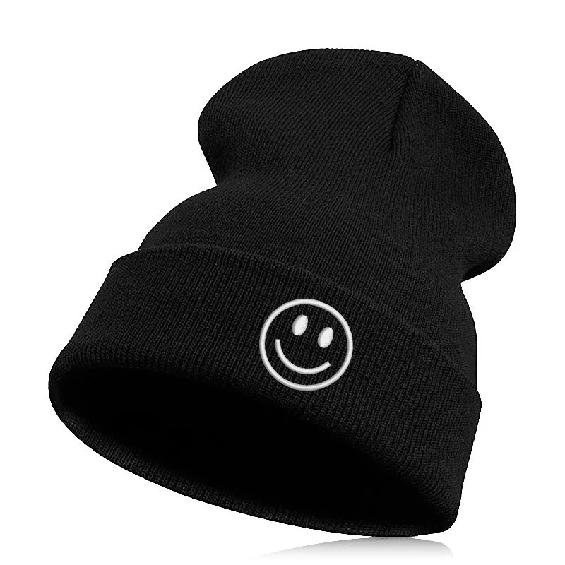 black white Beanie шляпа Skullie шапка, вязаная шапка-носок Зимняя Вышивка в стиле панк Для мужчин Для женщин личности подростков уличных танцев-улыбка Добрый день настроение - Цвет: black white